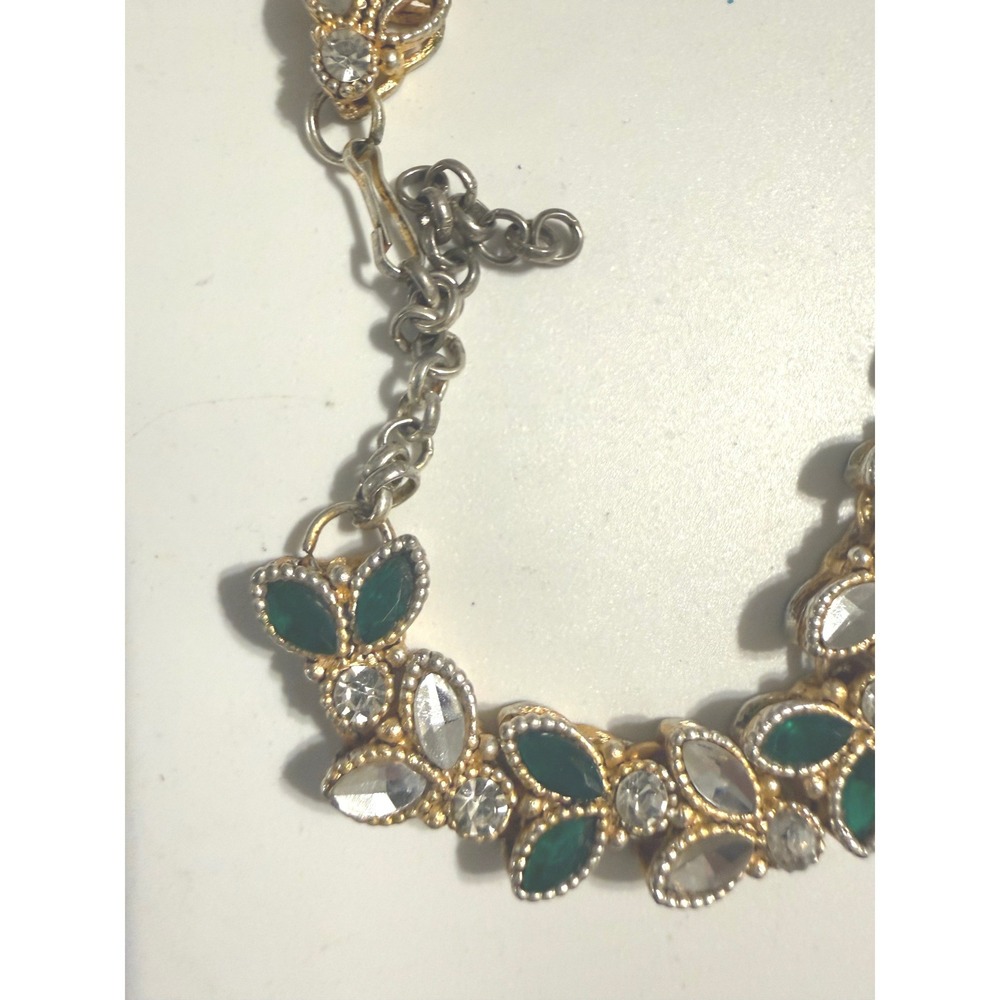 Vintage Gold Tone Emerald Green Clear Rhinestone Leaf Link Bracelet Adjustable